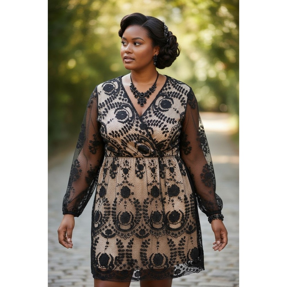 EillyBazar 3XL Black Lace Overlay Beige Lined Dress Victorian Vibes‎ Whimsigoth